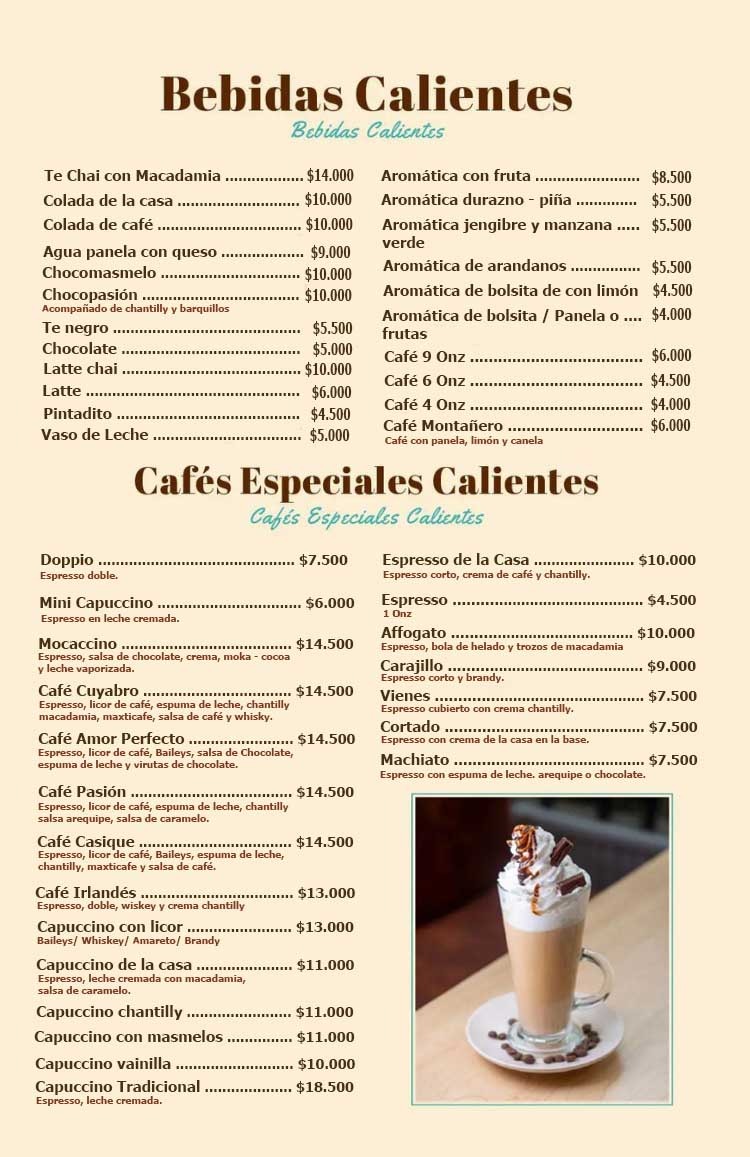 Bebidas Calientes Menu Café y Macadamia Armenia Quindío