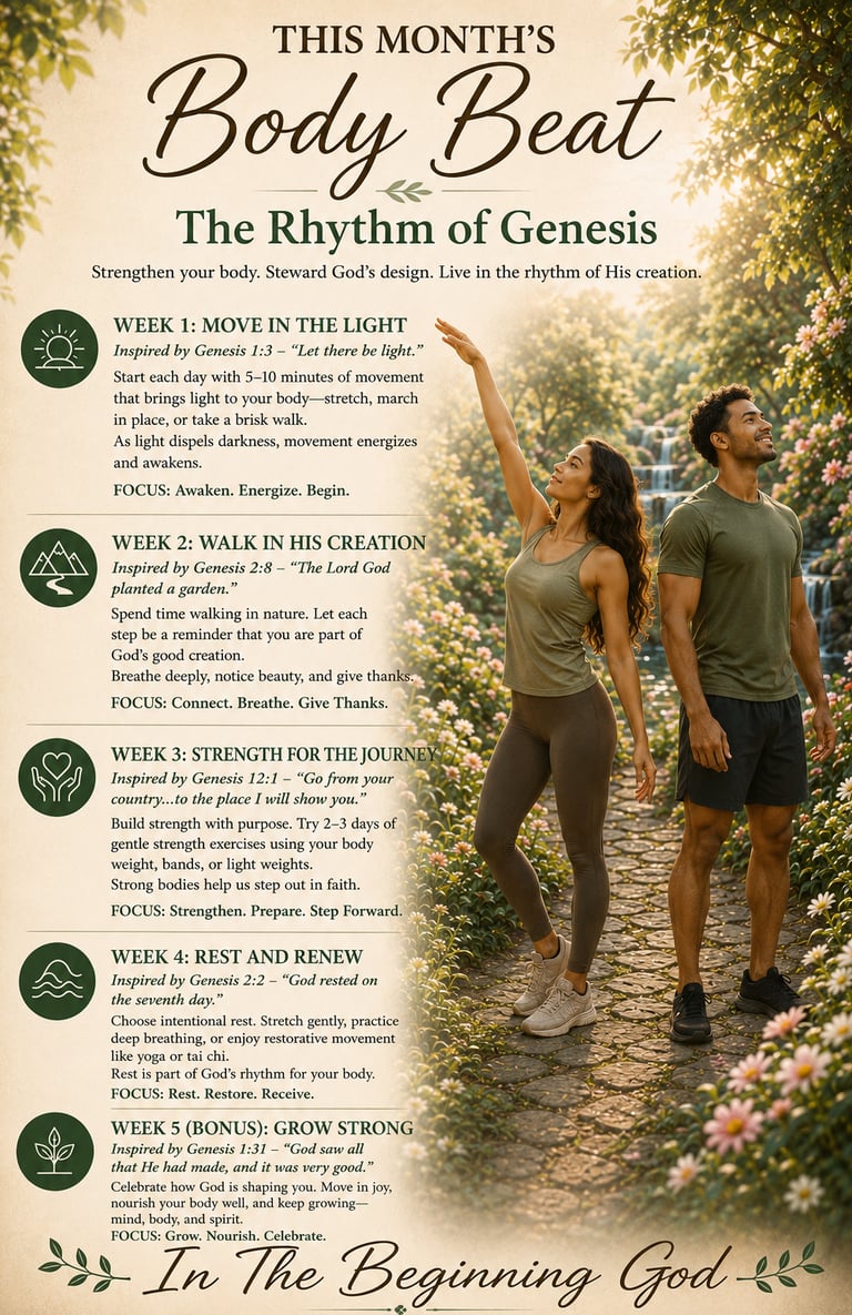 “Poster for This Month’s Body Beat: The Rhythm of Genesis with two people on a stone path near a waterfall”
