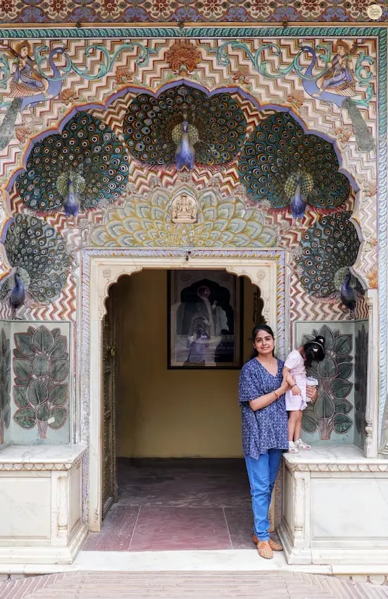 See the Peacock Gate inside City Palace Jaipur, representing the autumn season with intricate peacock artwork.
