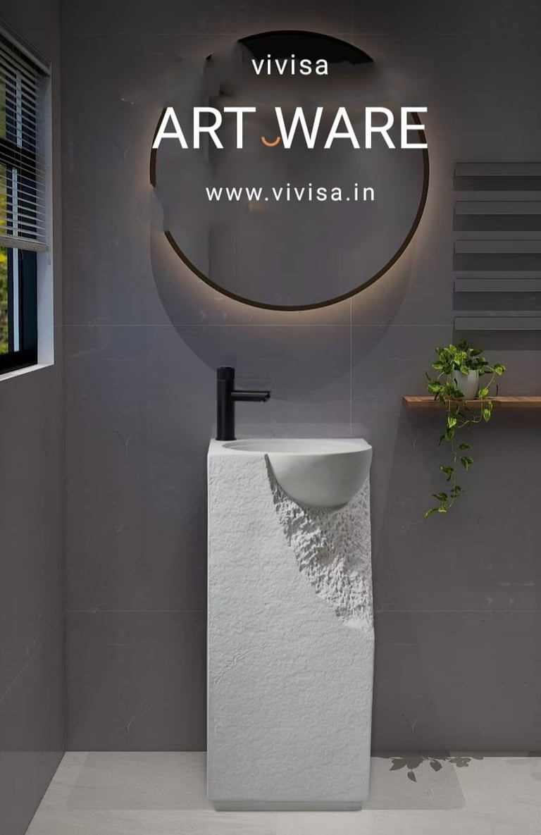 a bathroom with a sink and a plant in the background