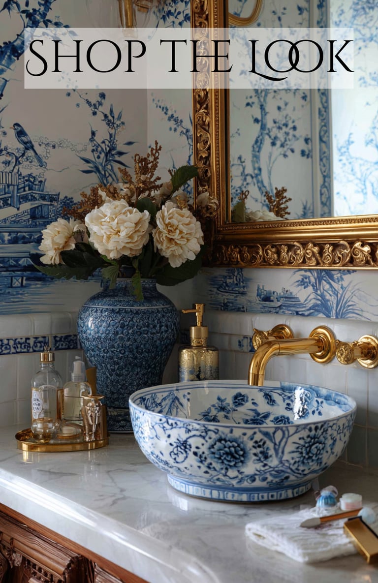 a bathroom sink with a blue and white sink and a mirror