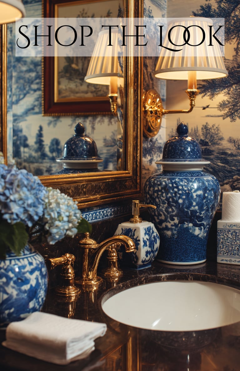 a bathroom with a blue and white sink and a mirror