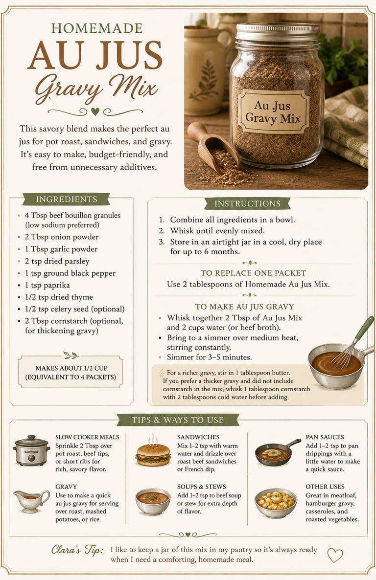 Homemade au jus gravy mix recipe card with ingredients, instructions, and tips for making easy beef gravy.