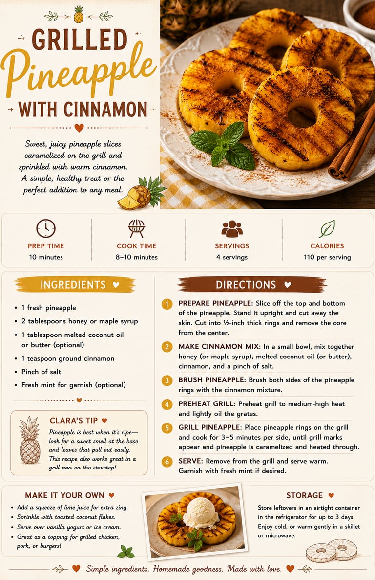 Recipe infographic for grilled pineapple with cinnamon featuring caramelized fruit rings and cooking instructions.
