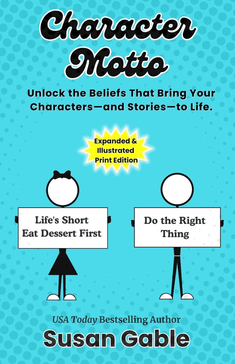 Book cover for Character Motto by Susan Gable featuring stick figures holding signs with life mottos.