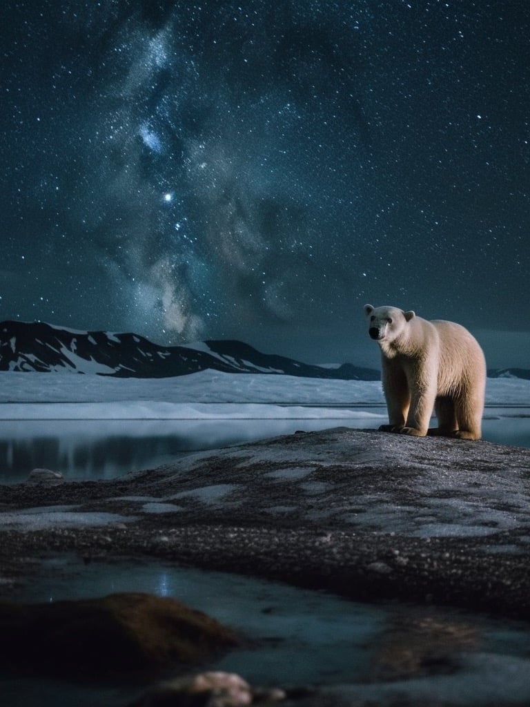 A polar bear standing on a rock under a nighttime astral backdrop