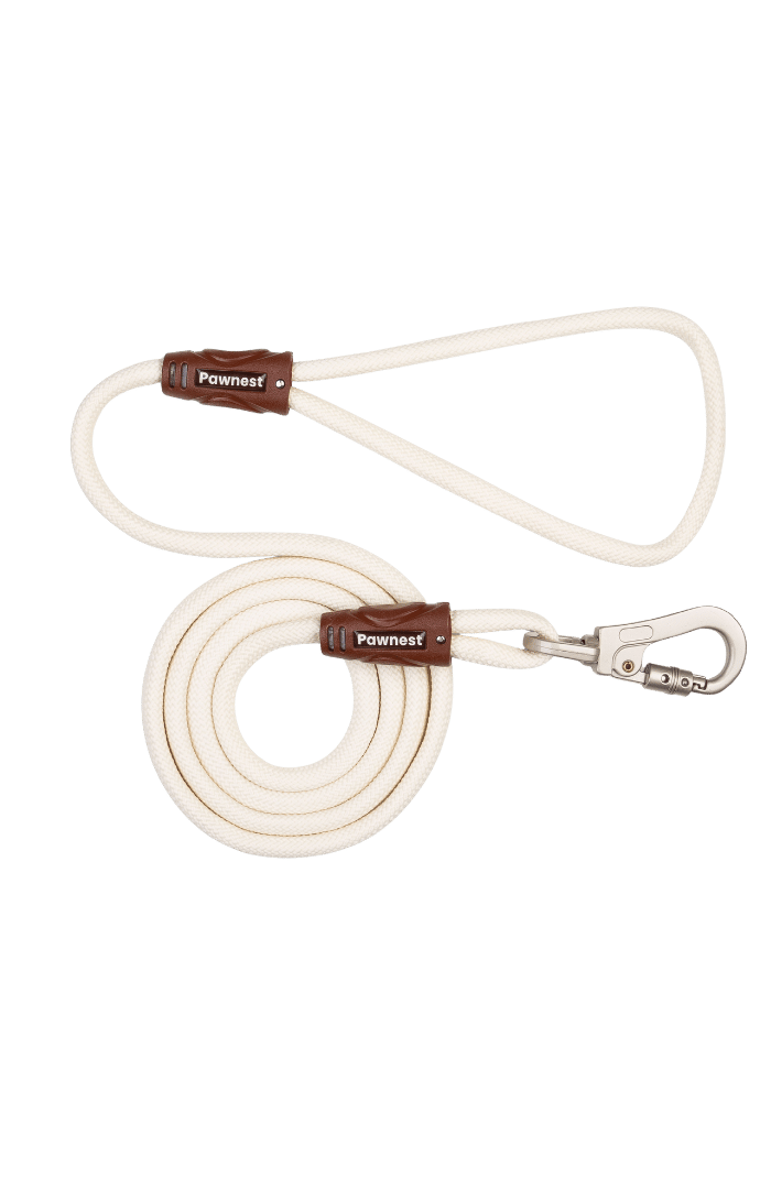 Pawnest® beige braided rope leash – soft grip and metal hook, durable design for cats and dogs.
