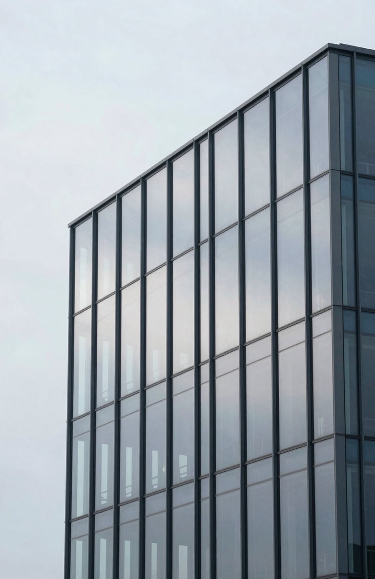 A minimalist architectural shot of a modern glass building reflecting a soft mist white sky, clean and professional composition.