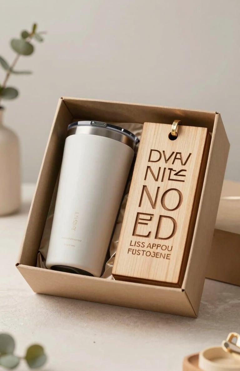 A beautifully curated gift box containing a custom tumbler and a laser-engraved wood sign, styled with soft rustic elements and an elegant, inviting presentation using the brand's earthy palette.