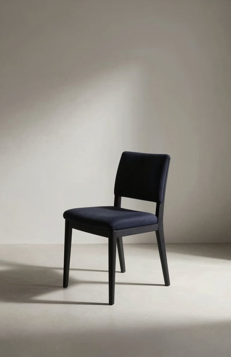 A minimalist photography shot of a single dark navy chair in a vast off-white room. Dramatic side lighting, high contrast, elegant and curated mood, Global / General interior.