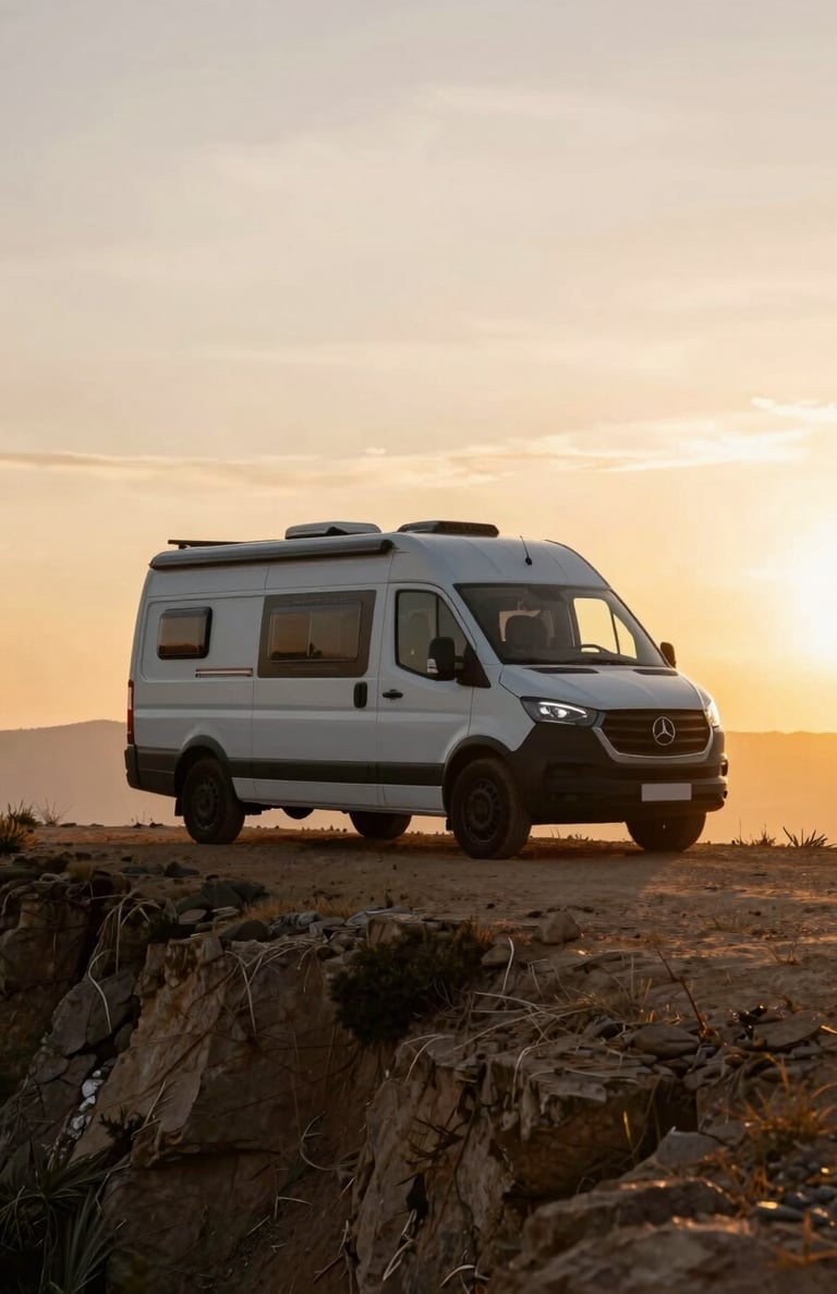 A cinematic wide shot of a camper van parked on a cliffside at sunset, warm earthy brown colors, sun-drenched sky.