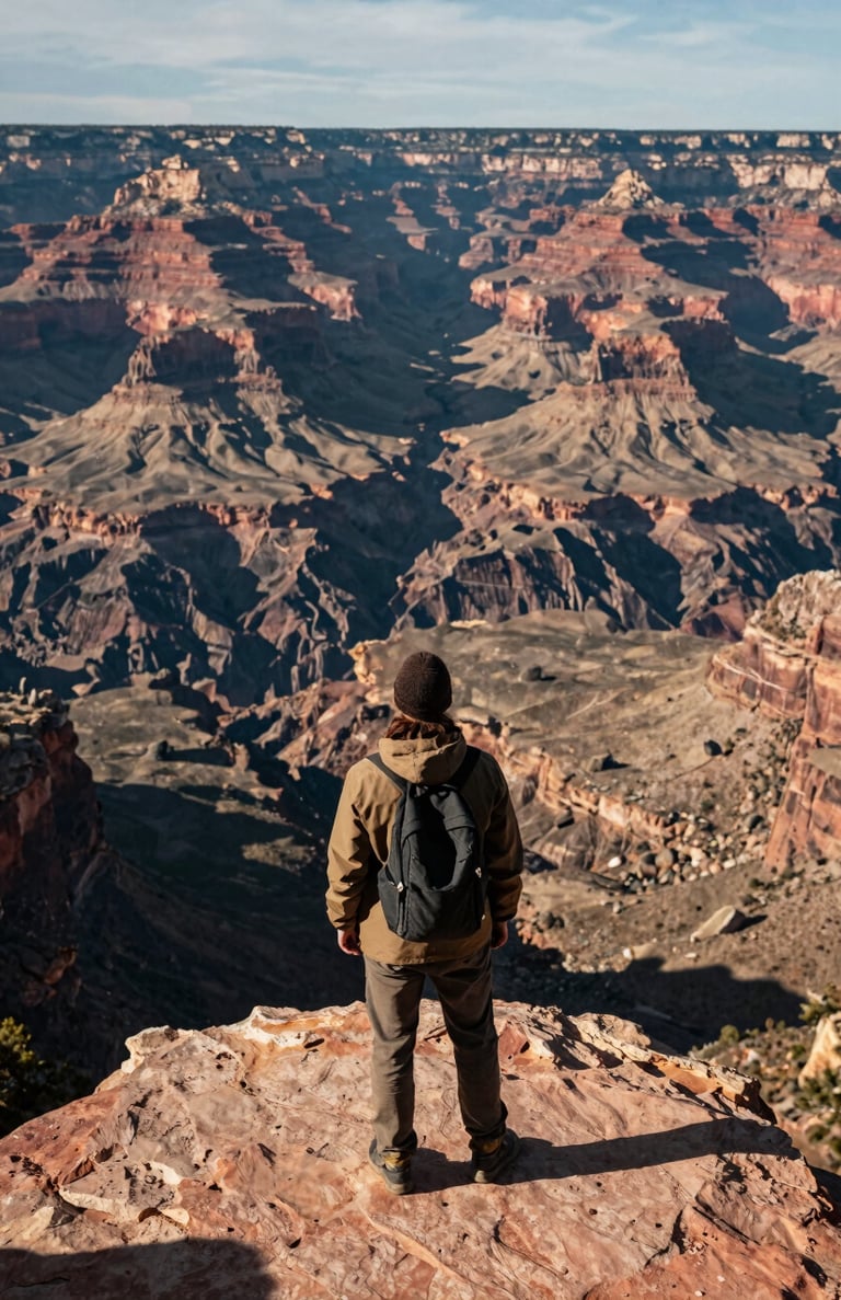 A wide shot of a traveler looking out over the Grand Canyon in the North American / US, dramatic lighting, professional and epic scale, earthy colors.