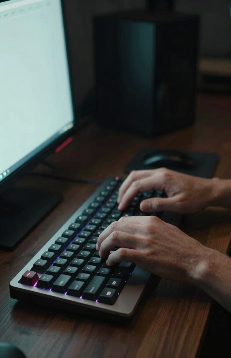 A vertical shot of a person's hands typing on a mechanical keyboard in a dimly lit room. The glow from the screen is muted teal, creating a competent, tech-focused atmosphere.
