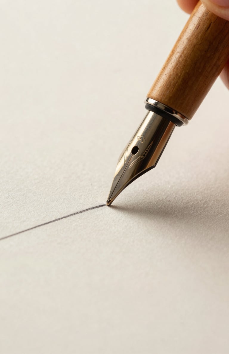 A macro photograph focusing on the fine-point nib of a wooden dip pen as it creates a delicate line on off-white paper. The surrounding space is filled with the soft texture of the paper and natural, warm lighting.