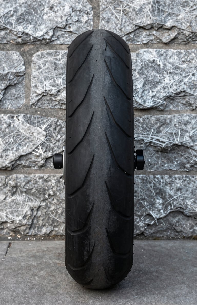 A minimalist detail of a jet black motorcycle tire against a weathered silver grey stone wall. The textures of the rubber and stone are emphasized by low-angle lighting. Global / Western urban environment.