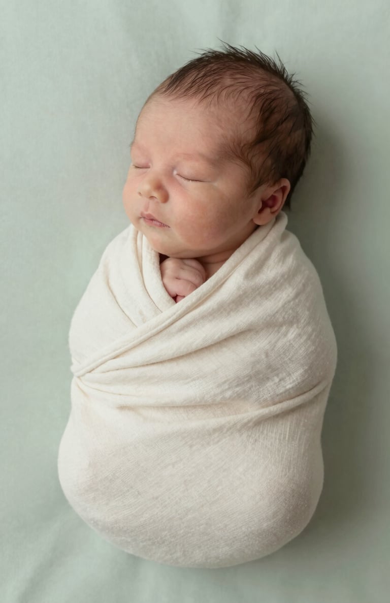 A newborn baby wrapped in a soft cream linen cloth, cinematic side lighting, peaceful and warm atmosphere with #E2D7C3 palette.