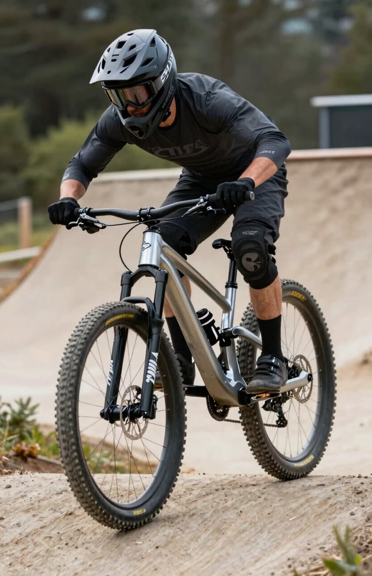 Action shot of a mountain biker in a US park, sharp frozen motion, high shutter speed photography, vivid detail in light silver and charcoal tones.