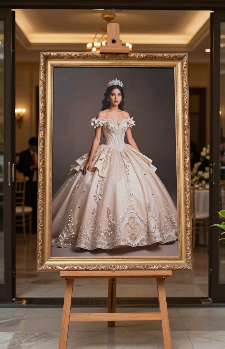 A large, elegant framed portrait of a quinceañera displayed on a wooden easel at the entrance of a South American / Colombian luxury event hall, warm welcoming lights.