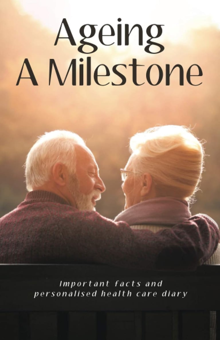 a man and woman sitting on a bench with the words ageing a milestone