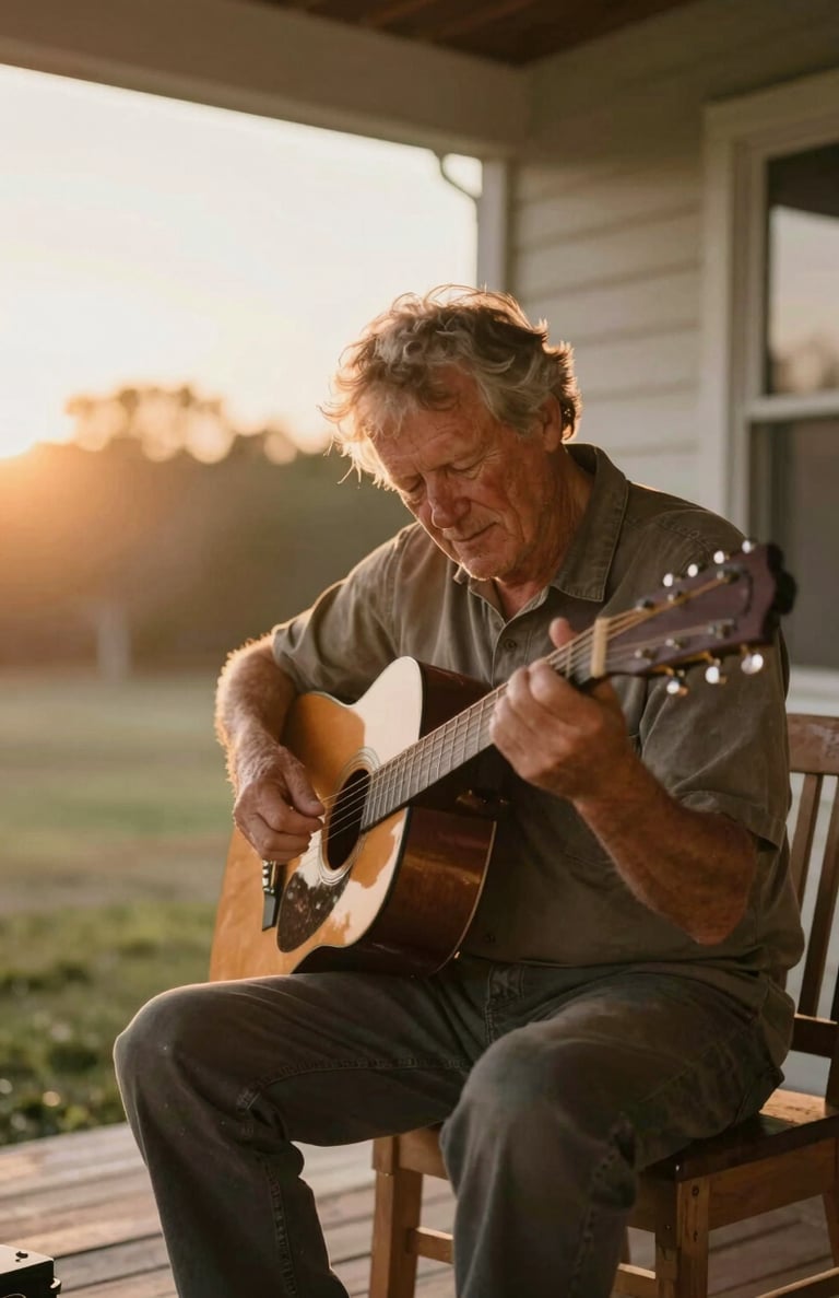 A candid moment of a grandfather teaching a child to play guitar on a porch, drenched in the warm glow of a late afternoon sun. Atmospheric and nostalgic feel with #C06C4C highlights.
