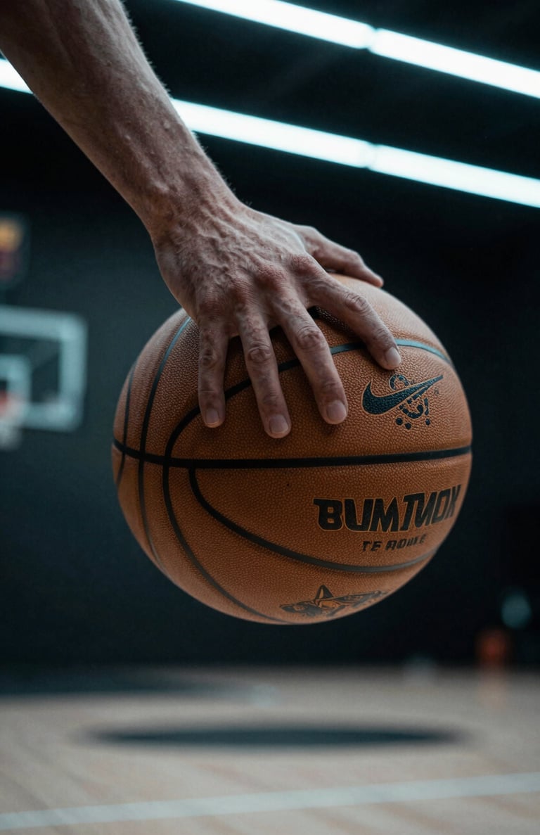 Close-up of a basketball player's hand gripping a ball, illuminated by futuristic pale azure neon lights in a dark, high-tech urban North American court. The mood is immersive and high-precision.