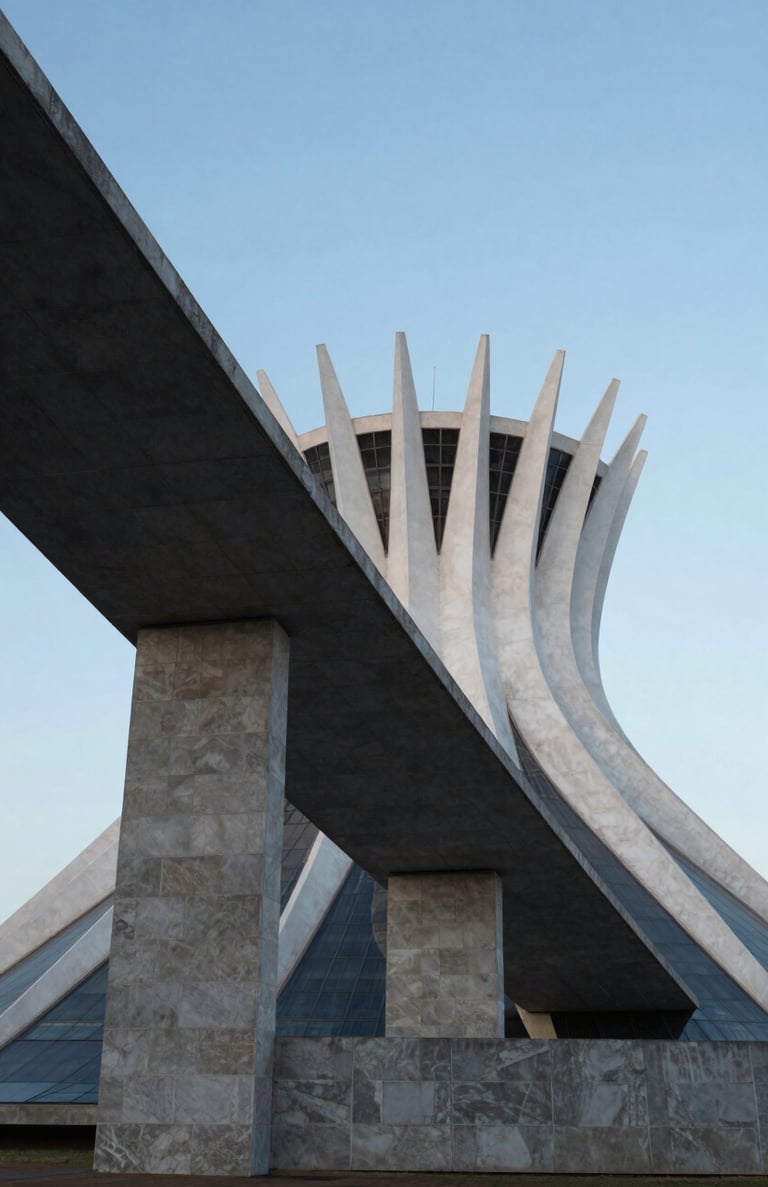 An abstract photography shot focusing on geometric shapes of a modern building in Brasília. The composition uses dark grey shadows and light grey stone, with a clear baby blue sky in the background. Minimalist and clean style.