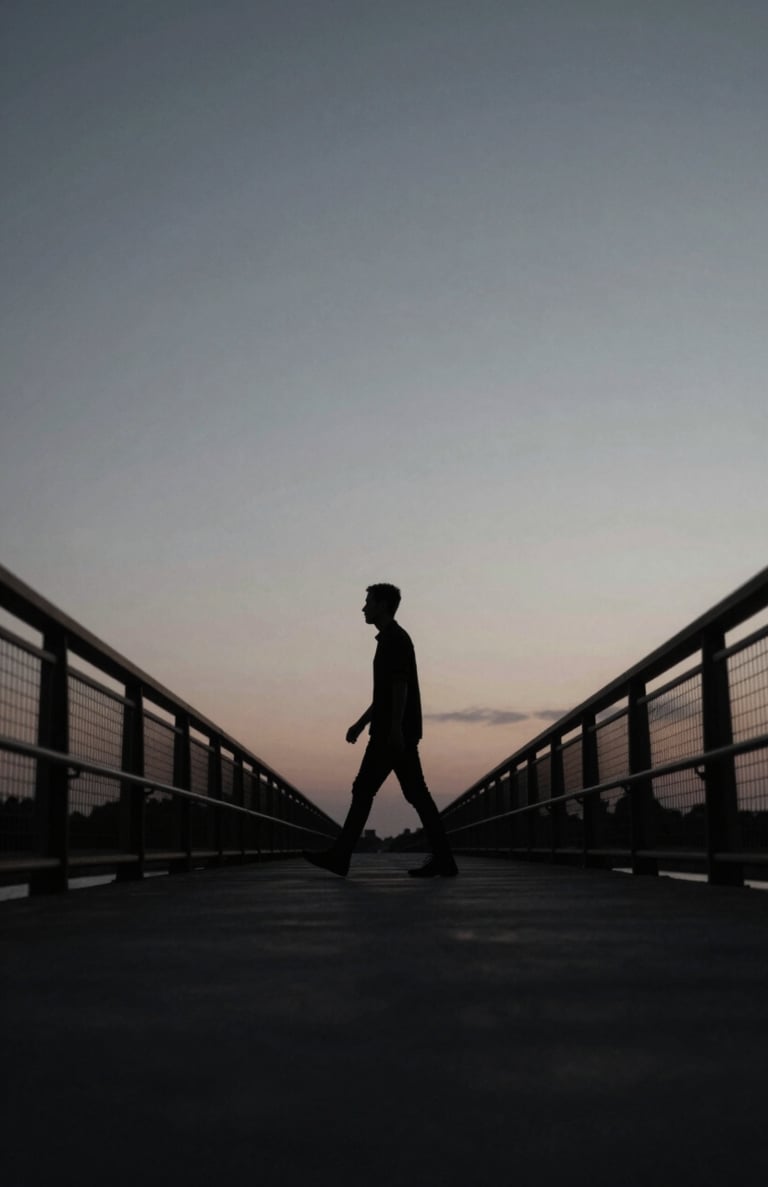 A silhouette of a man walking across a bridge at twilight, #0F0F0F shadows against a #A8A8A8 sky, cinematic wide shot, professional film production quality.