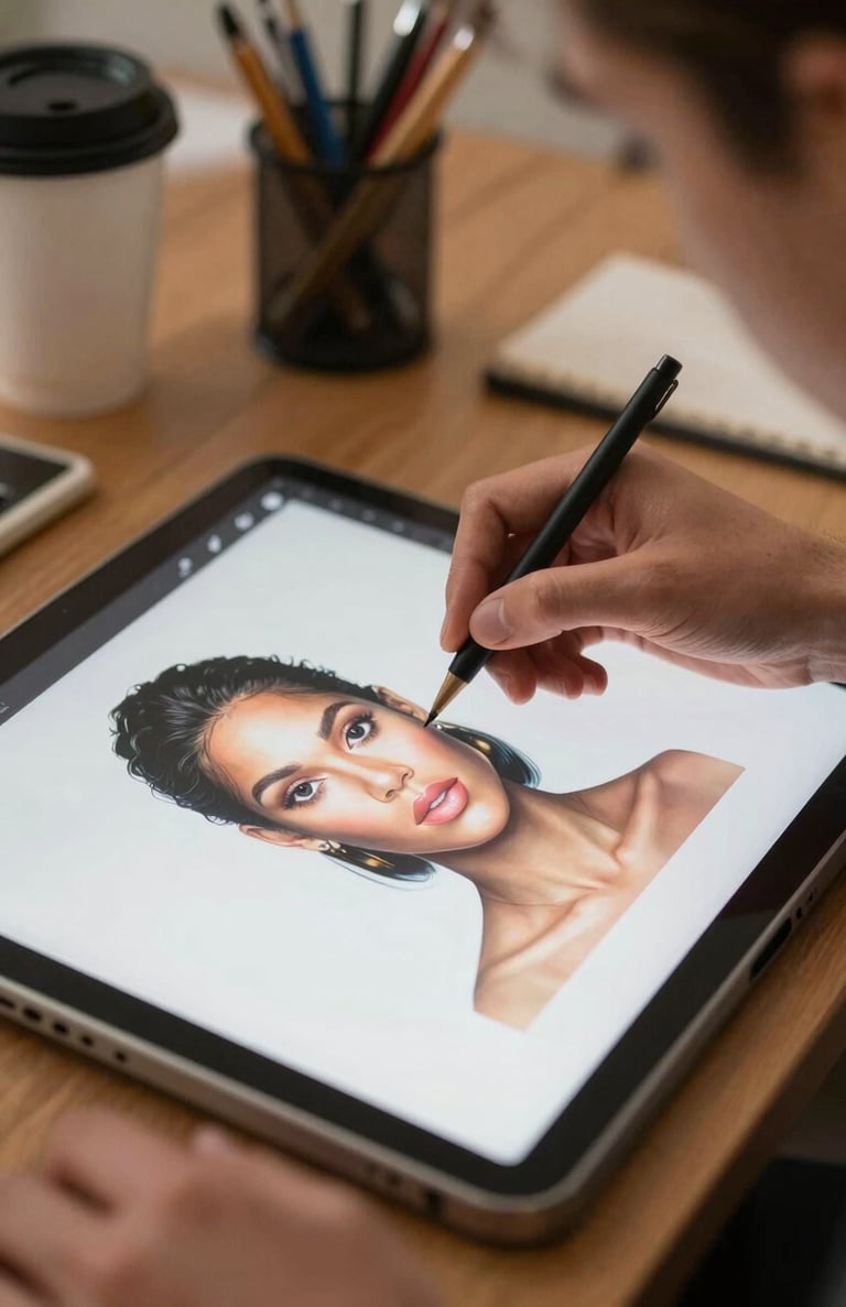 A close-up photograph of an artist's hands working on a digital portrait in a vibrant North American / US co-working space.
