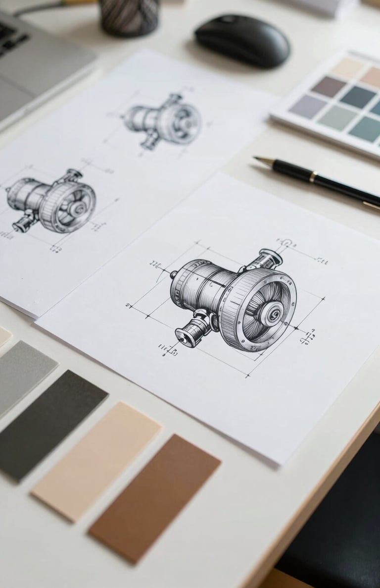 A collection of technical drawings and material samples on a designer's desk. Clean, organized, professional, reflecting precision and creative vision.