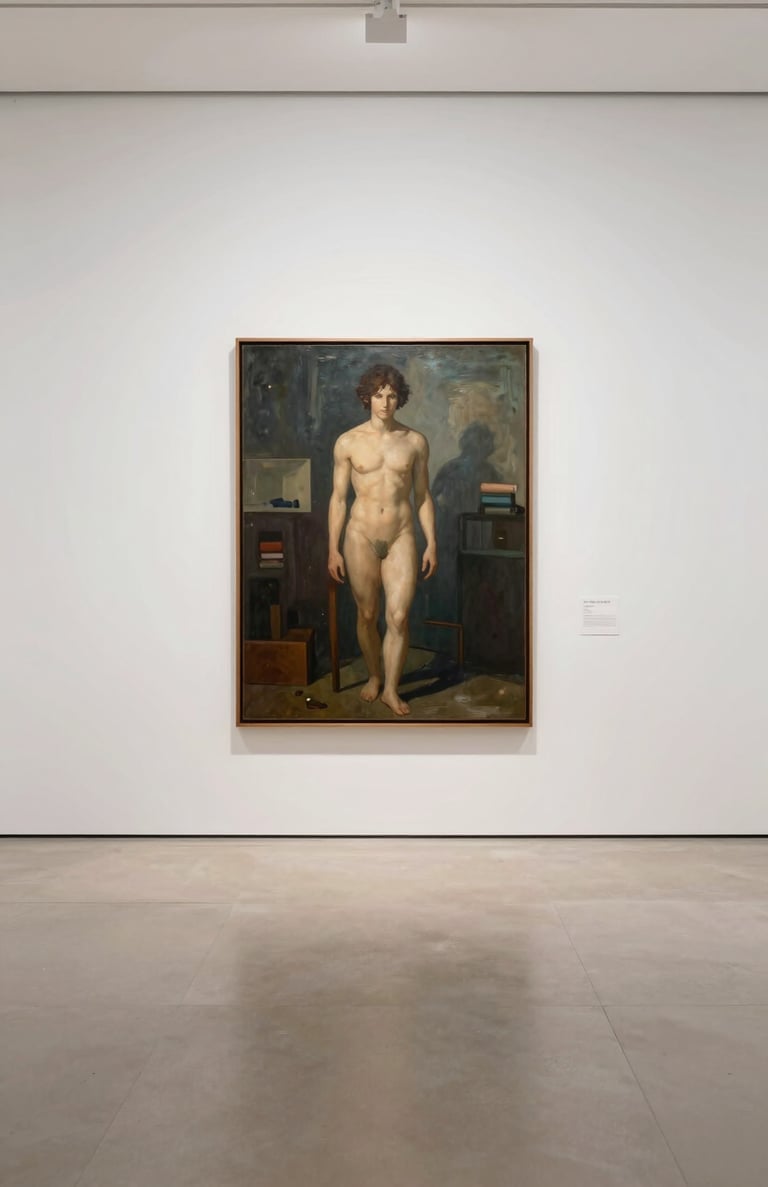 A solitary piece of art displayed in a modern gallery with white walls and light beige floors, emphasizing an uncluttered and sophisticated North American exhibition style.