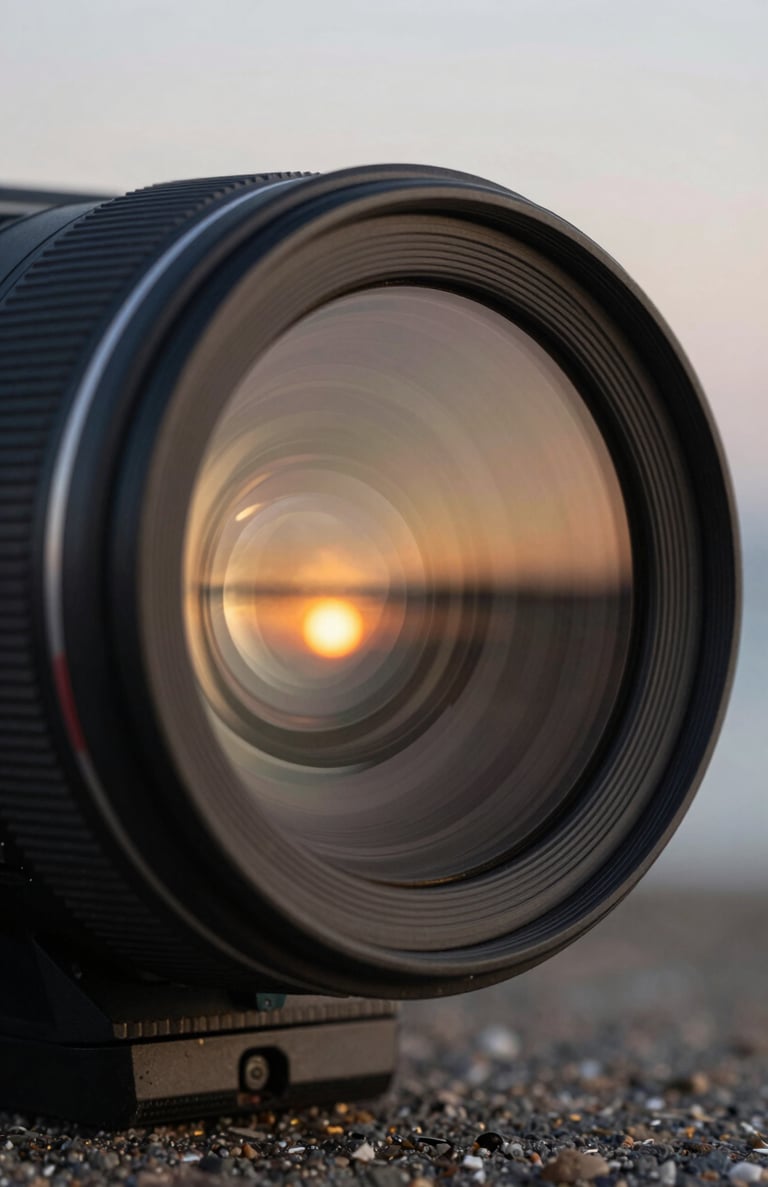 Close-up of a high-end camera lens capturing a sunset on a North American / US coastline, muted champagne gold light reflecting off the glass, deep obsidian black hardware, cinematic focus.