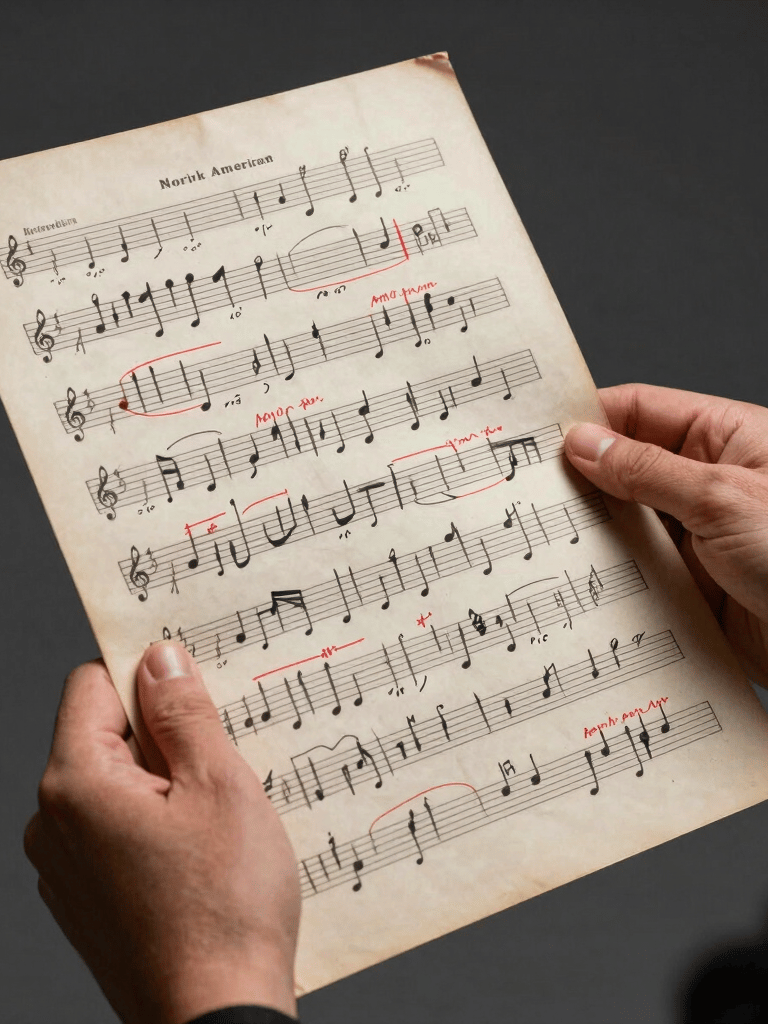 A close-up of a singer's hands holding an aged musical score with red and black annotations, set against a dark gray background in a North American studio.
