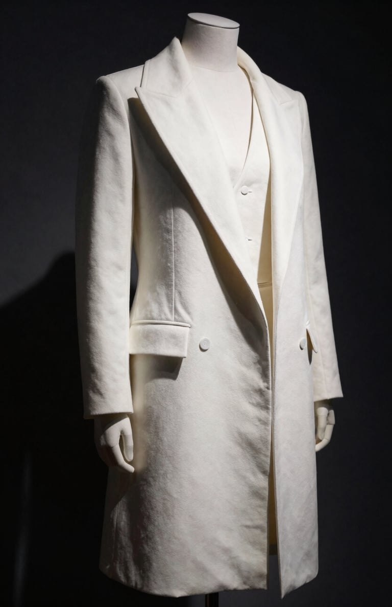 High-fashion photography of a contemporary garment with sharp geometric lines, displayed as a sculpture. Deep shadows and stark white lighting in a dark room.