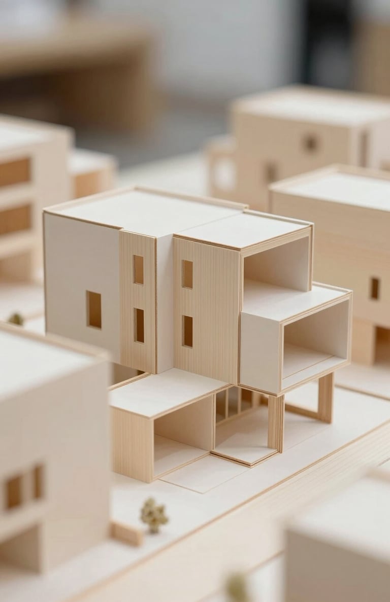 An architectural model made of light wood and white cardstock, showcasing a modern residential concept with clean lines and geometric volumes.