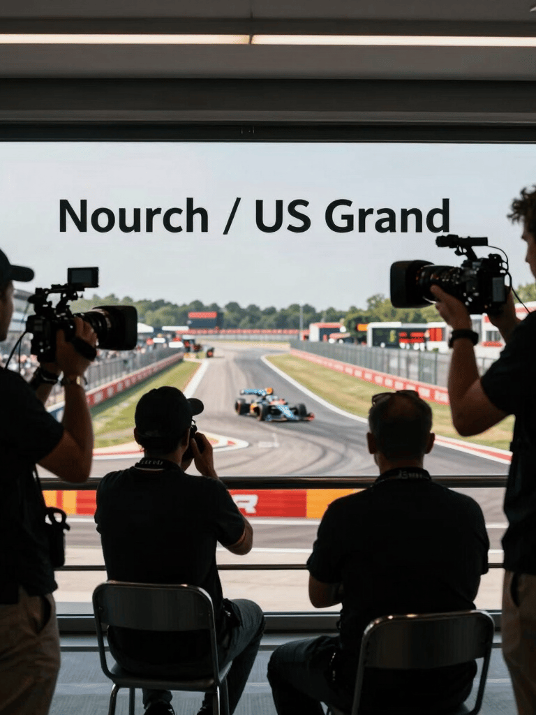 View of the circuit through the media center window, journalists and cameras in silhouette, North American / US grand prix event, journalistic style.