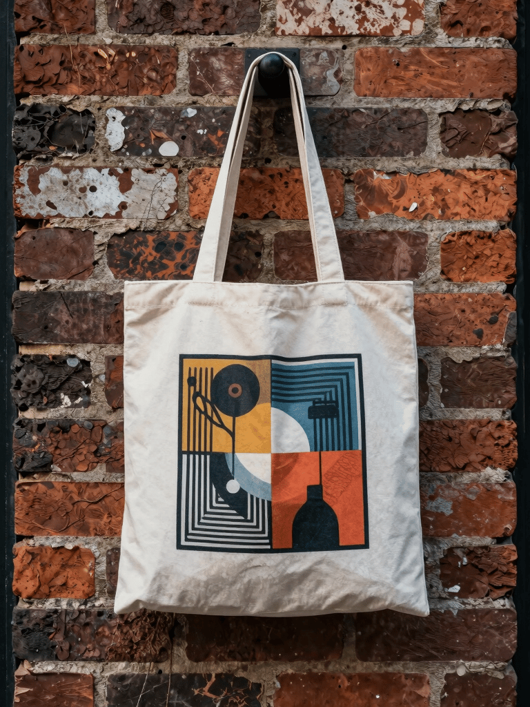 A high-contrast photo of an artistic tote bag hanging on a weathered brick wall, edgy indie aesthetic, North American / US city street.