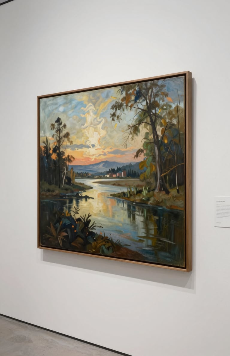 A professional-looking gallery setting in a North American venue with a single landscape painting displayed on a clean white wall.