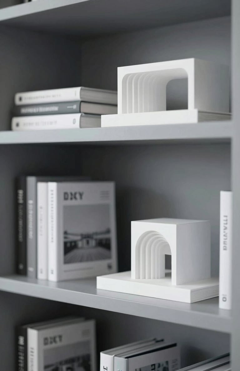 A curated collection of design monographs and white architectural models on a grey shelf, soft side lighting, sophisticated atmosphere, #8D9FB5 palette.