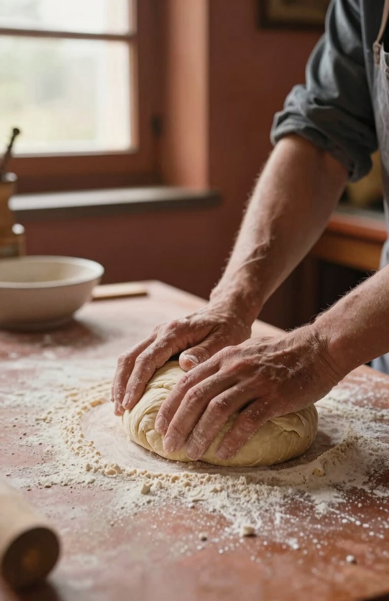 Detail shot of hands kneading dough in a rustic Portuguese kitchen, natural window lighting, warm terracotta textures, authentic cinematic atmosphere.