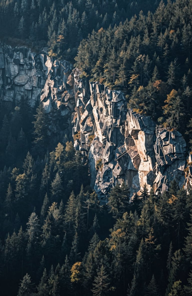 A majestic wide-angle nature landscape featuring a dense forest and rugged cliffs, perfect for stock footage. Cinematic, high-fidelity mood. Incorporating #1B263B, #415A77, #A0B0C0, #E0E1DD.