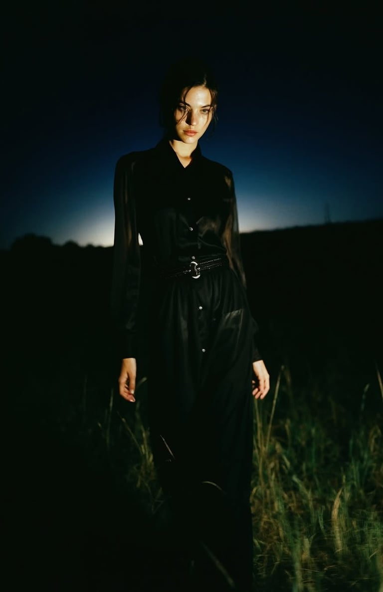 a woman in a black dress standing in a field
