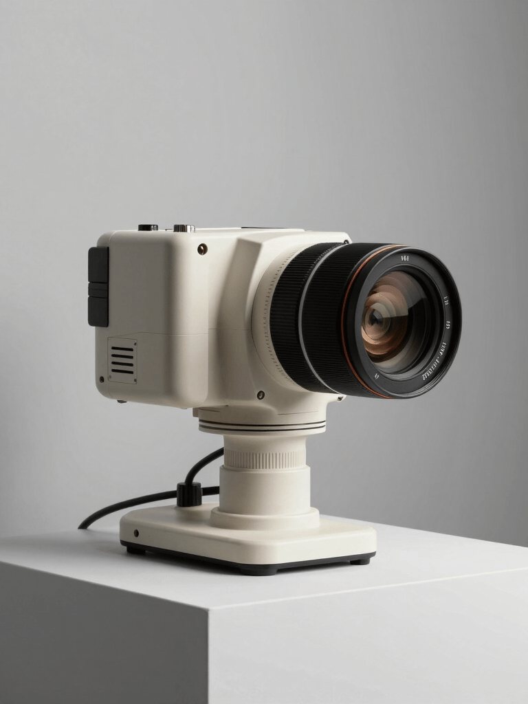 Clean product photography of professional equipment on a white pedestal, minimalist studio background, soft shadows, off-white and light gray tones.