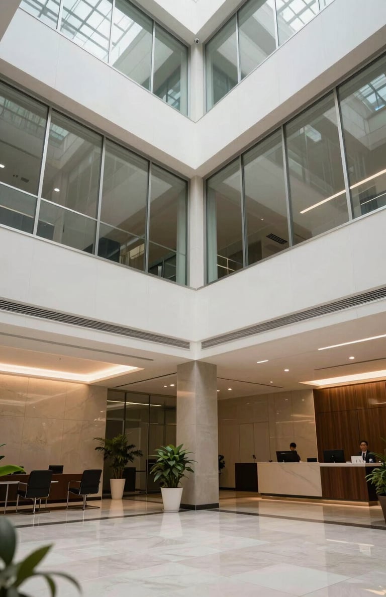 An elegant corporate lobby in a South American / Brazilian office building, featuring clean lines, glass, and a professional, welcoming atmosphere.
