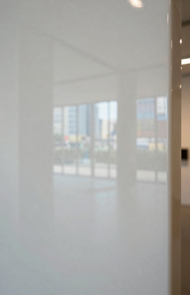 Close-up detail of a polished resin surface, showing reflections of an Almond White gallery space in an International / Global city.