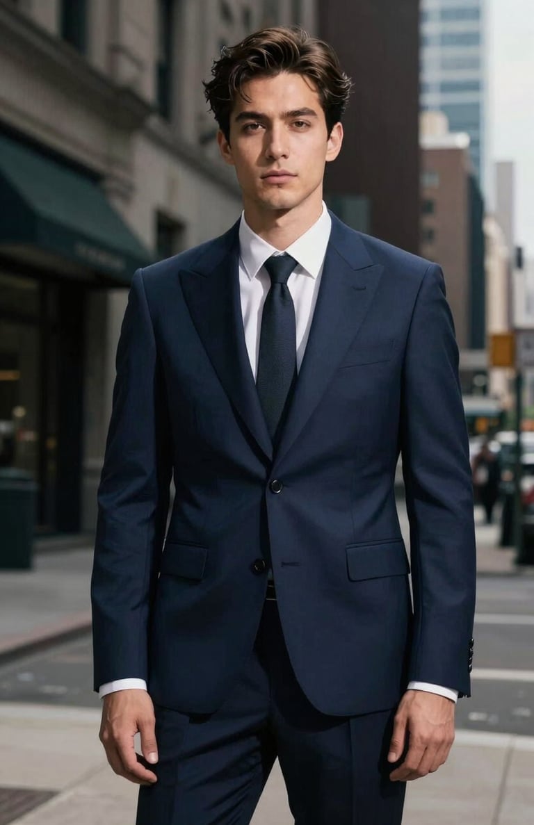 A cinematic editorial portrait of a creative visionary in a North American / US urban setting, wearing a bold tailored suit, captured with sharp focus and deep navy dramatic shadows.