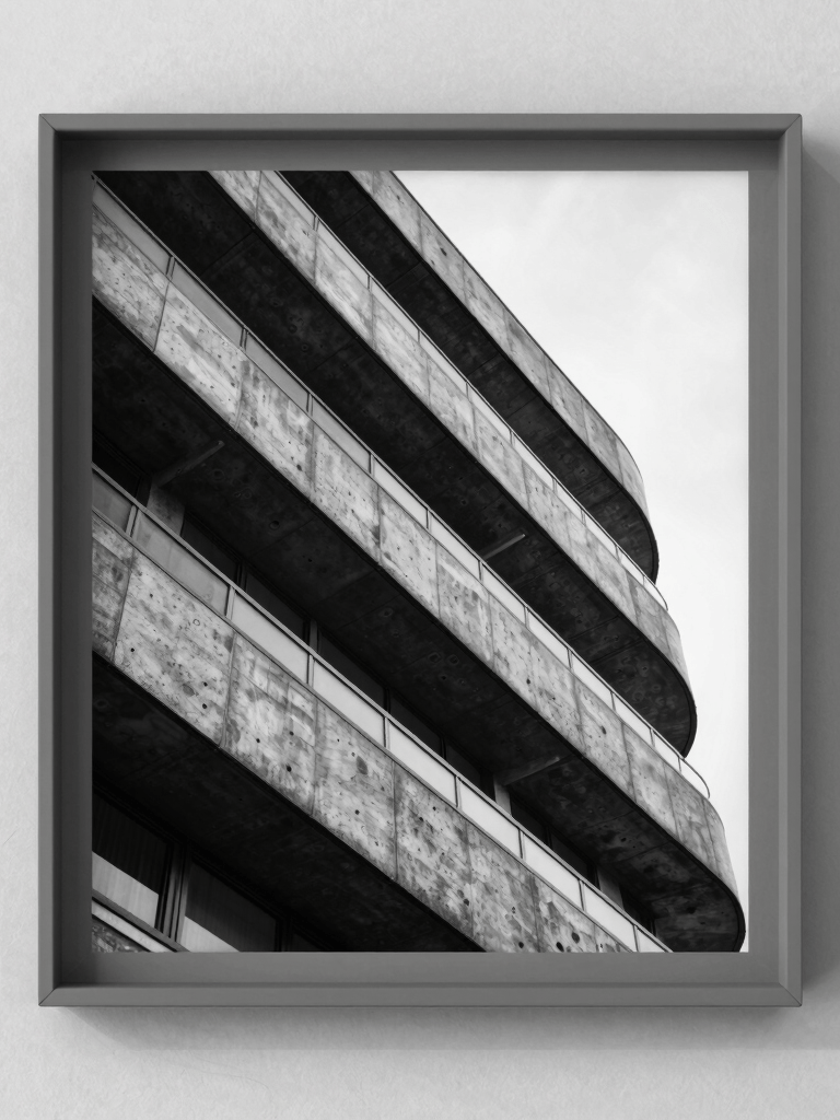 A black and white architectural photograph in a simple warm grey frame, hanging on a textured wall, clean and professional lighting.