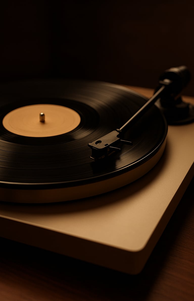 A vintage vinyl record spinning on a modern turntable, warm pearl cream and deep espresso tones, sophisticated music lover aesthetic.