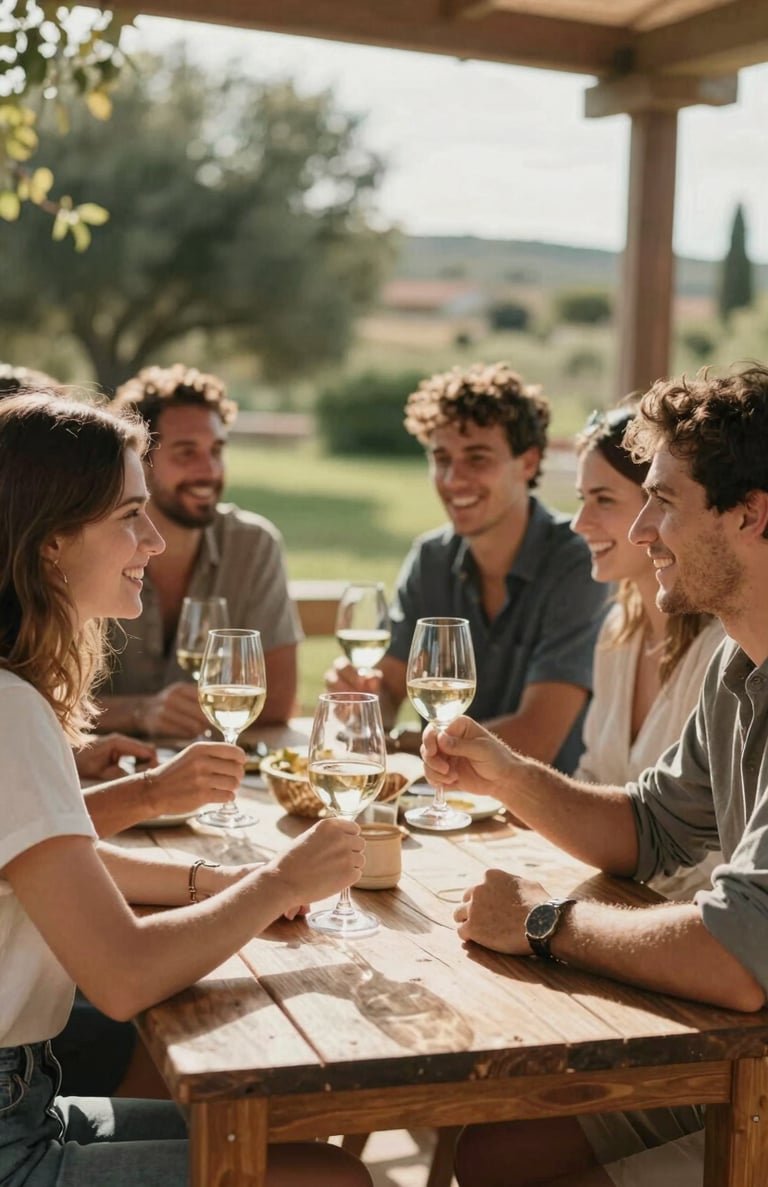 Candid lifestyle shot of a group of friends sharing wine and laughter at an outdoor wooden table in a sun-drenched patio, natural Iberian setting.