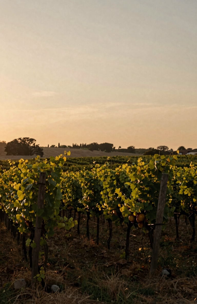 A wide shot of a sunset over a vineyard, captured with an authentic, grainy texture. The lighting is warm and ethereal, using #C4B29A and #F5F0E1 to create a sense of nostalgia. The composition is balanced and elegant.