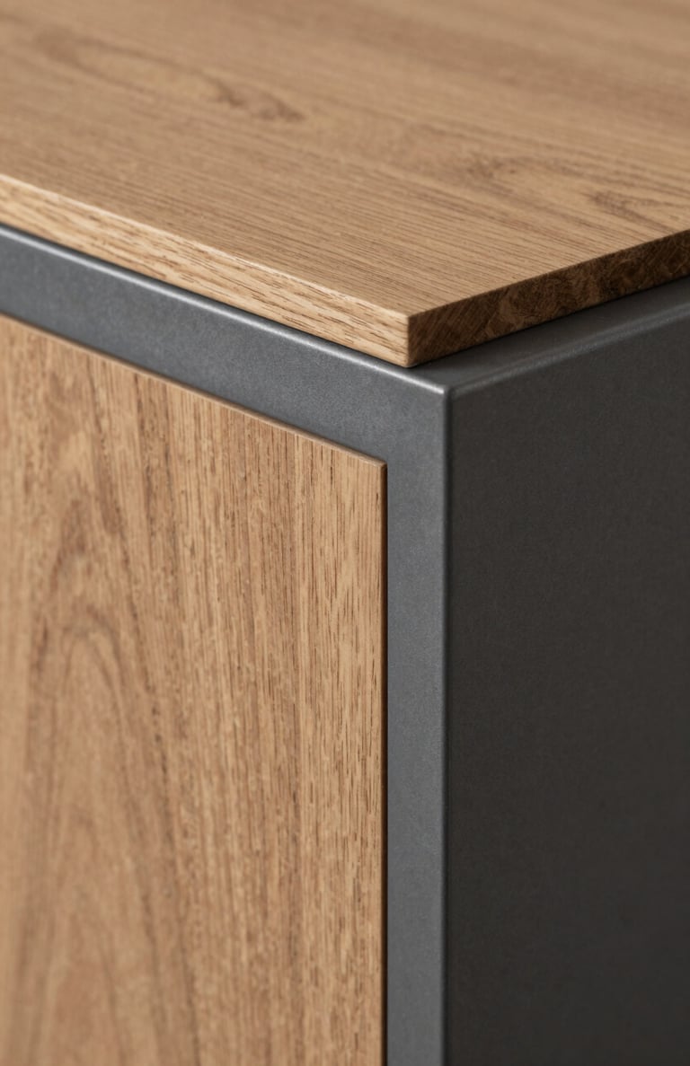 Close up shot of custom furniture design, natural wood texture combined with storm gray steel, studio lighting highlighting tectonic details.